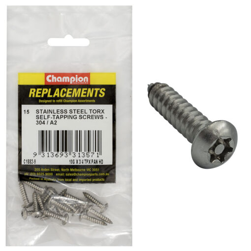 Champion 10G x 3/4in Self-Tapping Screw Pan Tpx 304/A2 -15pk
