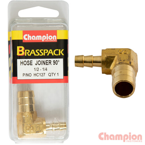 Champion Hose Joiner 90 deg Barb Elbow Reducer Brass 1/2-1/4